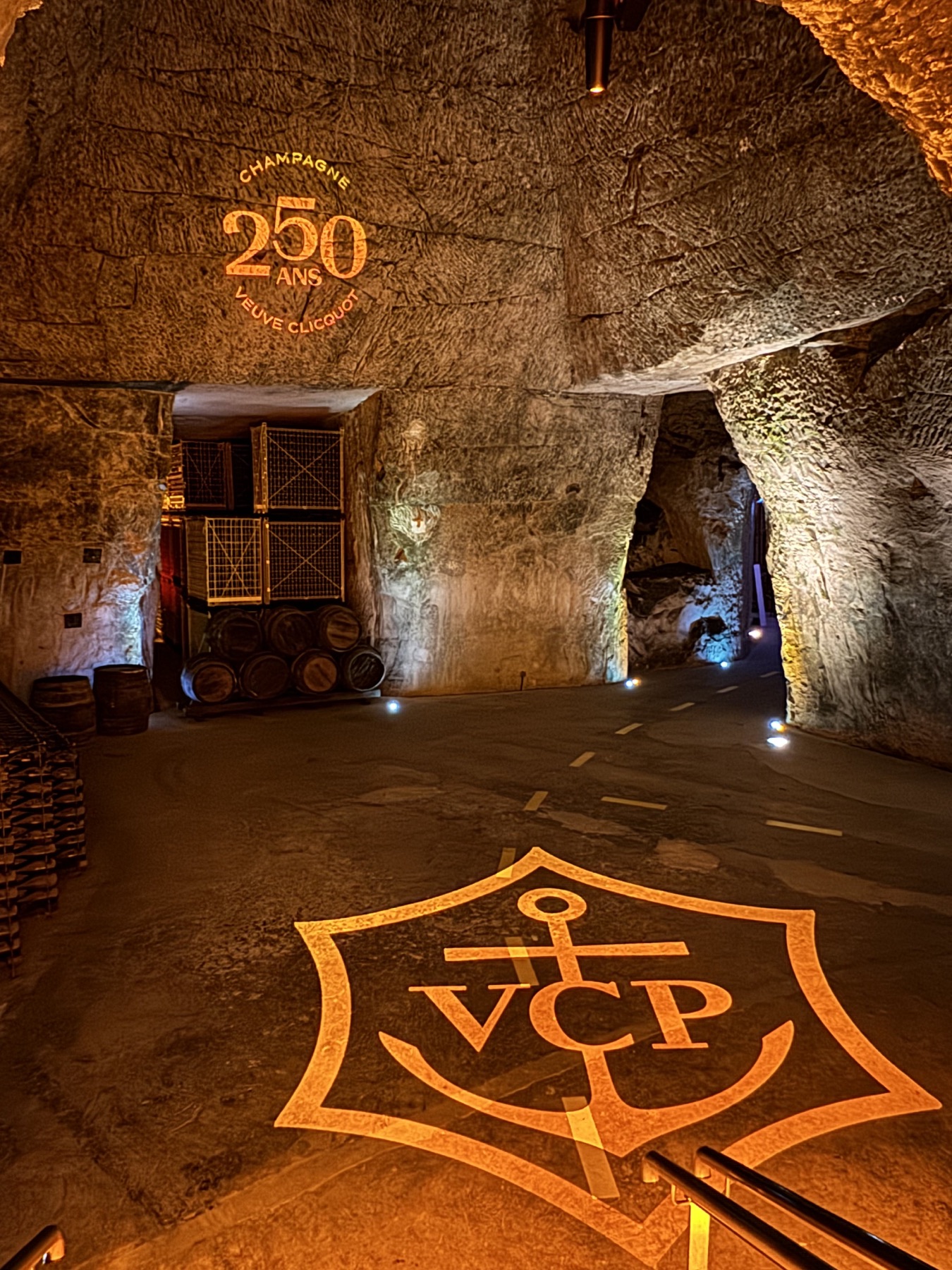 The 250-year anniversary display inside the Veuve Clicquot chalk cellars