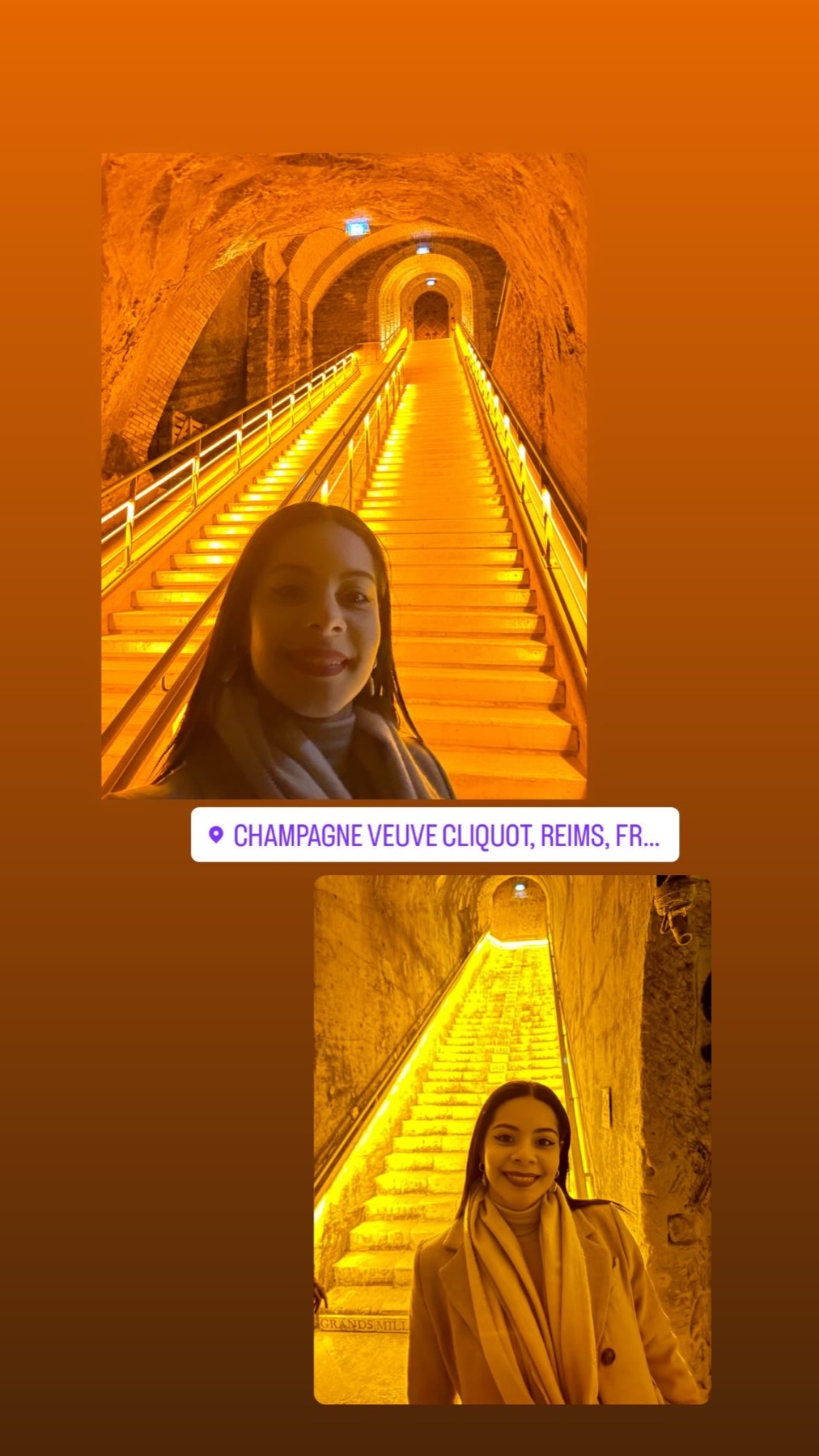 Eliza on the illuminated staircase inside the Veuve Clicquot cellars